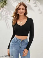 Casual Polyester Blend V-Neck Full Sleeves White Crop Top (17