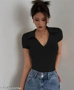 Stylish Women Collar Black Top Long Half sleeves