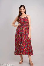 Samragyi women's stylish PURE & 100% RAYON (NO CREPE/POLYSTER) rayon leaf printed brown long off shoulder strap sleeveless high and good quality gowns Dresses for women and girls long dress sleeveless dress sleeveless dress for women and girls