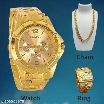 Rosra Golden Formal Watch For Men's Ring +Chain Freue (MOR RING+ CHAIN) For Men's