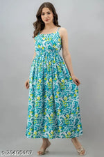 Samragyi women's stylish PURE & 100% RAYON (NO CREPE/POLYSTER) rayon leaf printed brown long off shoulder strap sleeveless high and good quality gowns Dresses for women and girls long dress sleeveless dress sleeveless dress for women and girls