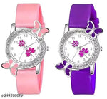 Isa Analogue Butterfly Flower Design Dial PU Strap Analog Girl's and Women's Watch (BLACK,PINK-Pack of 2)