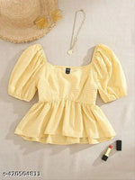 YELLOW CASUAL GINGHAM COTTON WESTERN STYLISH WOMENS TOP FOR GIRLS