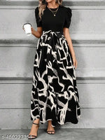 Sheetal Associates Black,Brown Abstract Print Puff Sleeves Fit and Flare Maxi Dress