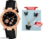 Isa Analogue Butterfly Flower Design Dial PU Strap Analog Girl's and Women's Watch (BLACK,PINK-Pack of 2)