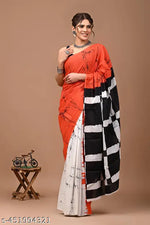 JAIPURI PRINT Women's Ikat Hand Block Print Pure 100% Cotton Mulmul Saree With Blouse
