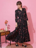 Sheetal Associates Black,Brown Abstract Print Puff Sleeves Fit and Flare Maxi Dress
