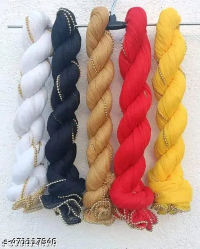 SUPAR LAINING DUPATTAS WITH FOUR SIDE GOLD PEARAL PAK OF 5 PICE SET>WHITE+BLACK+BEIGE+RED+YELLOW FOR WOMEN GIRLS