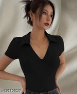 Stylish Women Collar Black Top Long Half sleeves