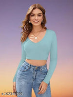 Casual Polyester Blend V-Neck Full Sleeves White Crop Top (17