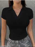 Stylish Women Collar Black Top Long Half sleeves