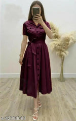 Fancy Georgette Knee Length Full Sleeve Round Neck Dori Belt  Dress