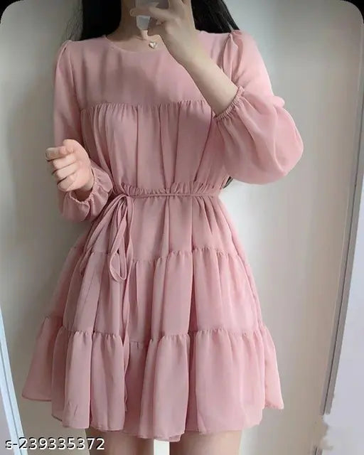 Fancy Georgette Knee Length Full Sleeve Round Neck Dori Belt  Dress