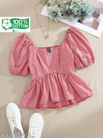 YELLOW CASUAL GINGHAM COTTON WESTERN STYLISH WOMENS TOP FOR GIRLS