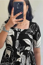 Women’s Black Printed Cotton Blend Fit & Flare Midi Dress | Puff Sleeve Casual A-Line Dress | Elegant Office, Party & Daily Wear Dress