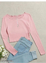 ZAIFA Pico Full Sleeves Round Neck Ribbed Top for Women Stylish Casual Full Sleeve T-Shirt for girls