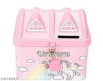 ARN Unicorn Printed Hut  Shape Metal Coin Bank Piggy Bank for Kids with Lock and Key, Medium Heart  Piggy Bank Multicolor  ( pink or blue anyone as per availability)