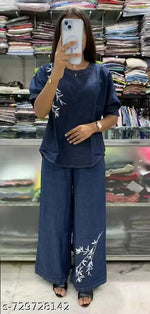 Trendy Women's Blue Denim Set – Embroidered Leaf Design – Top & Palazzo Pants Combo