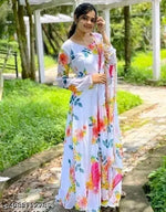 FQ Flower Print Long Kurti With Dupatta (No Bottom wear)