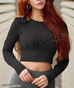 Casual Polyester Blend V-Neck Full Sleeves White Crop Top (17