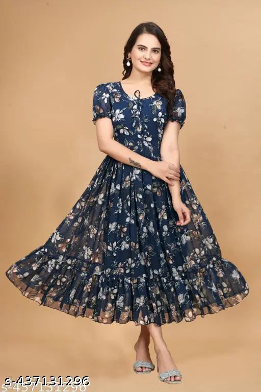 Zanies Women Floral Printed Teal Maxi Dress