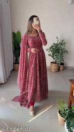 Women's Rayon Maroon Anarkali Printed Kurta with Dupatta Set