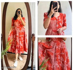 Women’s Black Printed Cotton Blend Fit & Flare Midi Dress | Puff Sleeve Casual A-Line Dress | Elegant Office, Party & Daily Wear Dress