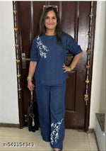 Trendy Women's Blue Denim Set – Embroidered Leaf Design – Top & Palazzo Pants Combo
