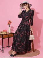 Sheetal Associates Black,Brown Abstract Print Puff Sleeves Fit and Flare Maxi Dress