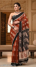 JAIPURI PRINT Women's Ikat Hand Block Print Pure 100% Cotton Mulmul Saree With Blouse