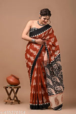JAIPURI PRINT Women's Ikat Hand Block Print Pure 100% Cotton Mulmul Saree With Blouse