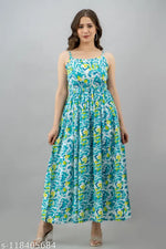 Samragyi women's stylish PURE & 100% RAYON (NO CREPE/POLYSTER) rayon leaf printed brown long off shoulder strap sleeveless high and good quality gowns Dresses for women and girls long dress sleeveless dress sleeveless dress for women and girls