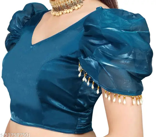Solid Imported Organza blouse For Women, Zimmy Choo Fabric Blouse For Women, Readymade Blouse, Full Stitched blouse, Fancy Lace On Sleeve