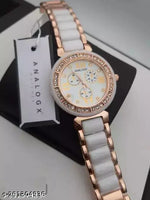 New Arrivals Festive Seasonal Stylish Throns Fit Round Ad Solid Gold Dial Metal Chain Belt Analog Watch with Attractive Diamond Studded Bracelet Combo for Women & Girls.