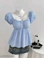 YELLOW CASUAL GINGHAM COTTON WESTERN STYLISH WOMENS TOP FOR GIRLS
