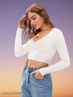 Casual Polyester Blend V-Neck Full Sleeves White Crop Top (17