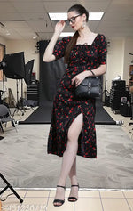 Casual Polyester Blend Puff Sleeves V-Neck Knee Legnth Drawstring Dress (41