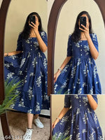 Women’s Black Printed Cotton Blend Fit & Flare Midi Dress | Puff Sleeve Casual A-Line Dress | Elegant Office, Party & Daily Wear Dress