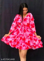 Fancy Georgette Knee Length Full Sleeve Round Neck Dori Belt  Dress