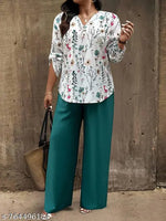 Trendy Women's Blue Denim Set – Embroidered Leaf Design – Top & Palazzo Pants Combo