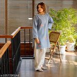 Trendy Women's Blue Denim Set – Embroidered Leaf Design – Top & Palazzo Pants Combo