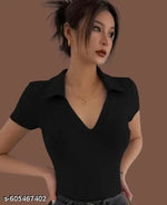 Stylish Women Collar Black Top Long Half sleeves