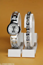 New Arrivals Festive Seasonal Stylish Throns Fit Round Ad Solid Gold Dial Metal Chain Belt Analog Watch with Attractive Diamond Studded Bracelet Combo for Women & Girls.