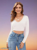 Casual Polyester Blend V-Neck Full Sleeves White Crop Top (17