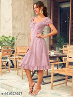 Casual Polyester Blend Puff Sleeves V-Neck Knee Legnth Drawstring Dress (41