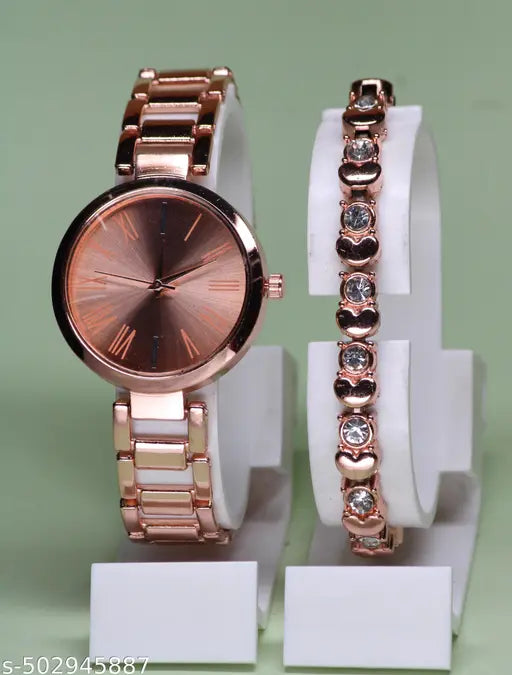 New Arrivals Festive Seasonal Stylish Throns Fit Round Ad Solid Gold Dial Metal Chain Belt Analog Watch with Attractive Diamond Studded Bracelet Combo for Women & Girls.