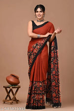 JAIPURI PRINT Women's Ikat Hand Block Print Pure 100% Cotton Mulmul Saree With Blouse