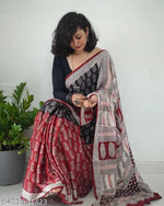 JAIPURI PRINT Women's Ikat Hand Block Print Pure 100% Cotton Mulmul Saree With Blouse