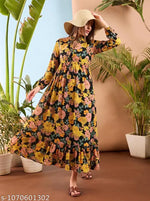 Sheetal Associates Black,Brown Abstract Print Puff Sleeves Fit and Flare Maxi Dress