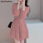 Fancy Georgette Knee Length Full Sleeve Round Neck Dori Belt  Dress